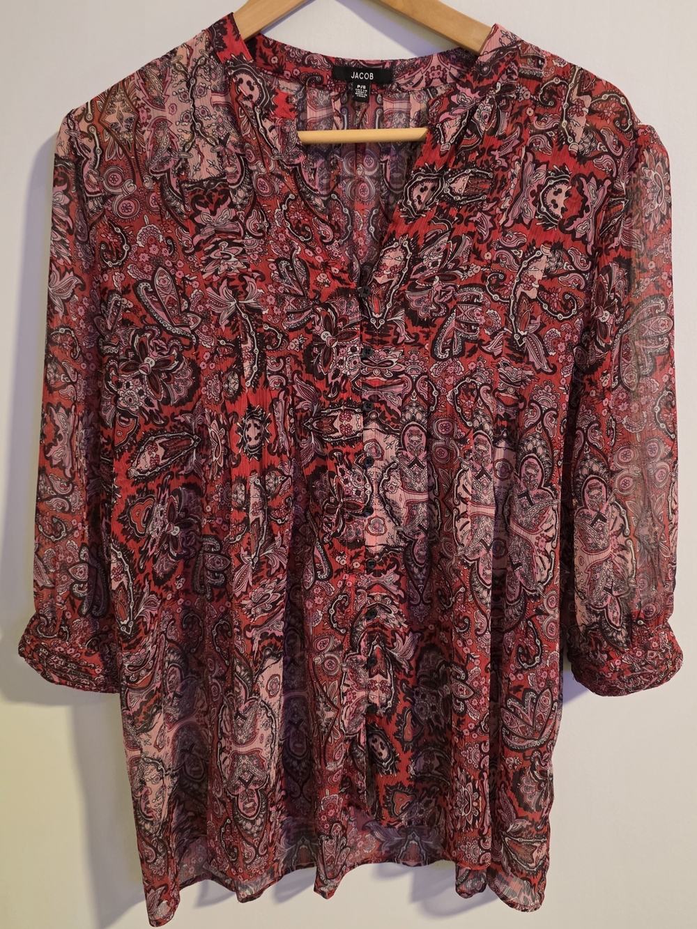 JACOB Paisley Tunic Blouse Women’s Small Red Pink Sheer Button Front